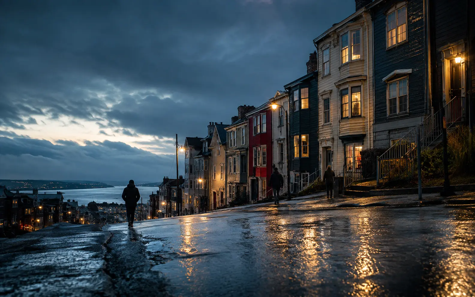 A rain-washed St. John's street at blue hour, created as an original tourism campaign concept