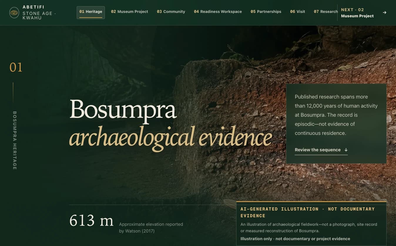 Bosumpra heritage page showing archaeological interpretation and a visible illustrative-media disclosure