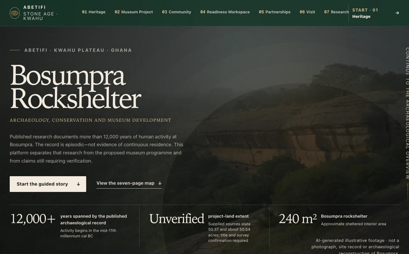 Abetifi Bosumpra Rockshelter homepage with heritage navigation and research and development information