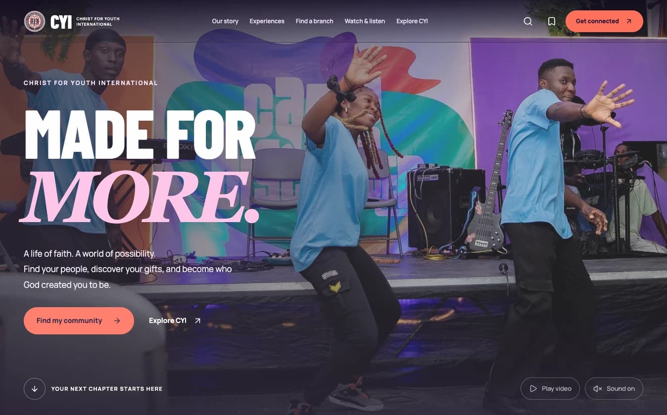 Christ for Youth International homepage with its Made for More headline and community performance photography