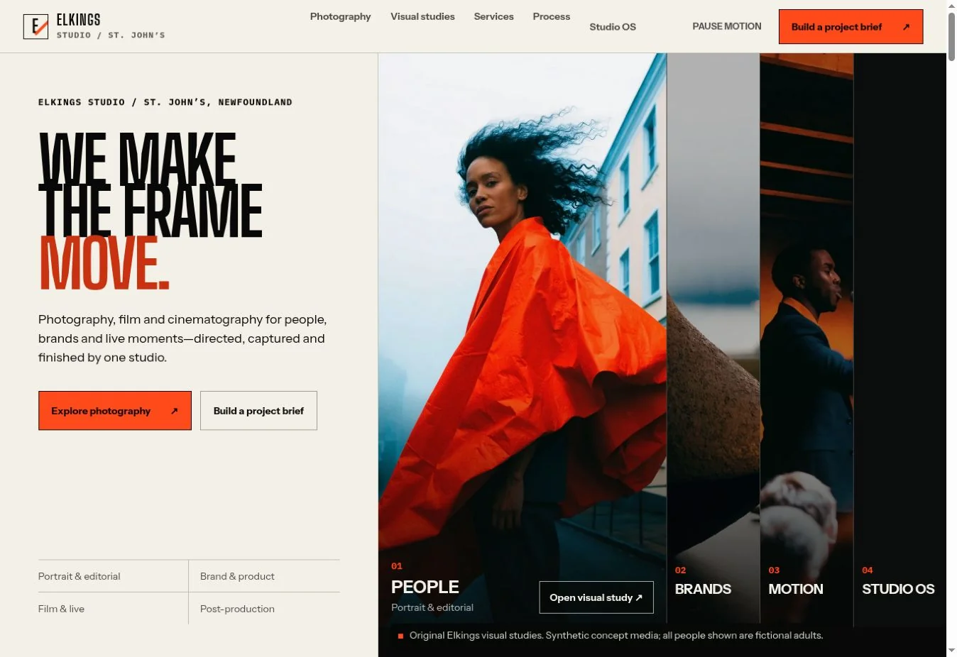 ELKINGS Studio homepage with bold orange typography and portrait, brand and motion visual studies