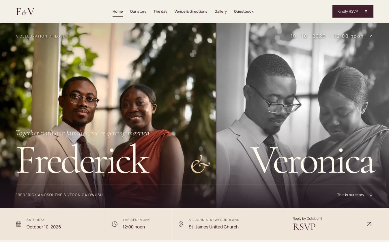 Frederick and Veronica wedding homepage with paired portraits, elegant typography and celebration information