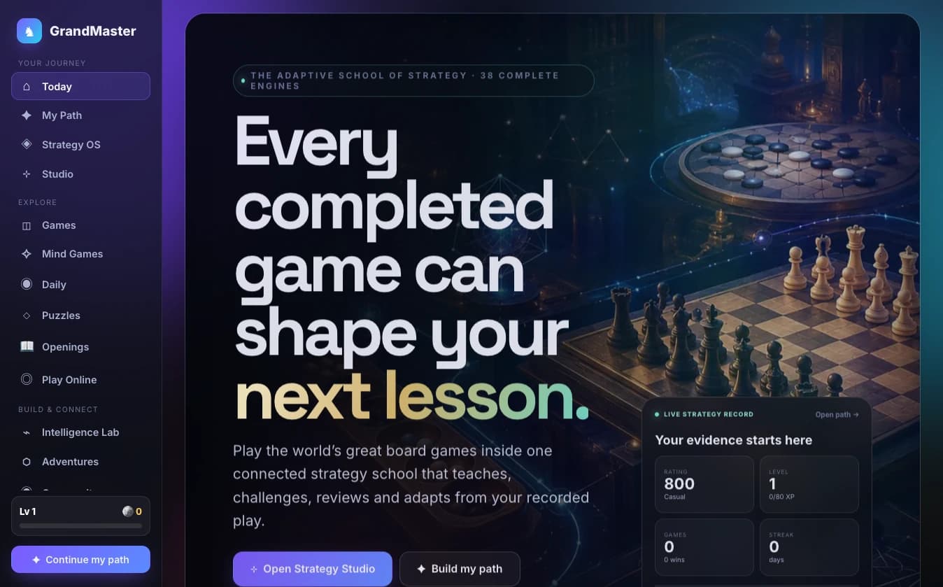 GrandMaster strategy-learning homepage with its board-game artwork, learning-path introduction and application navigation