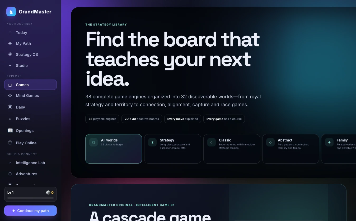 GrandMaster strategy library with game categories and connected learning features
