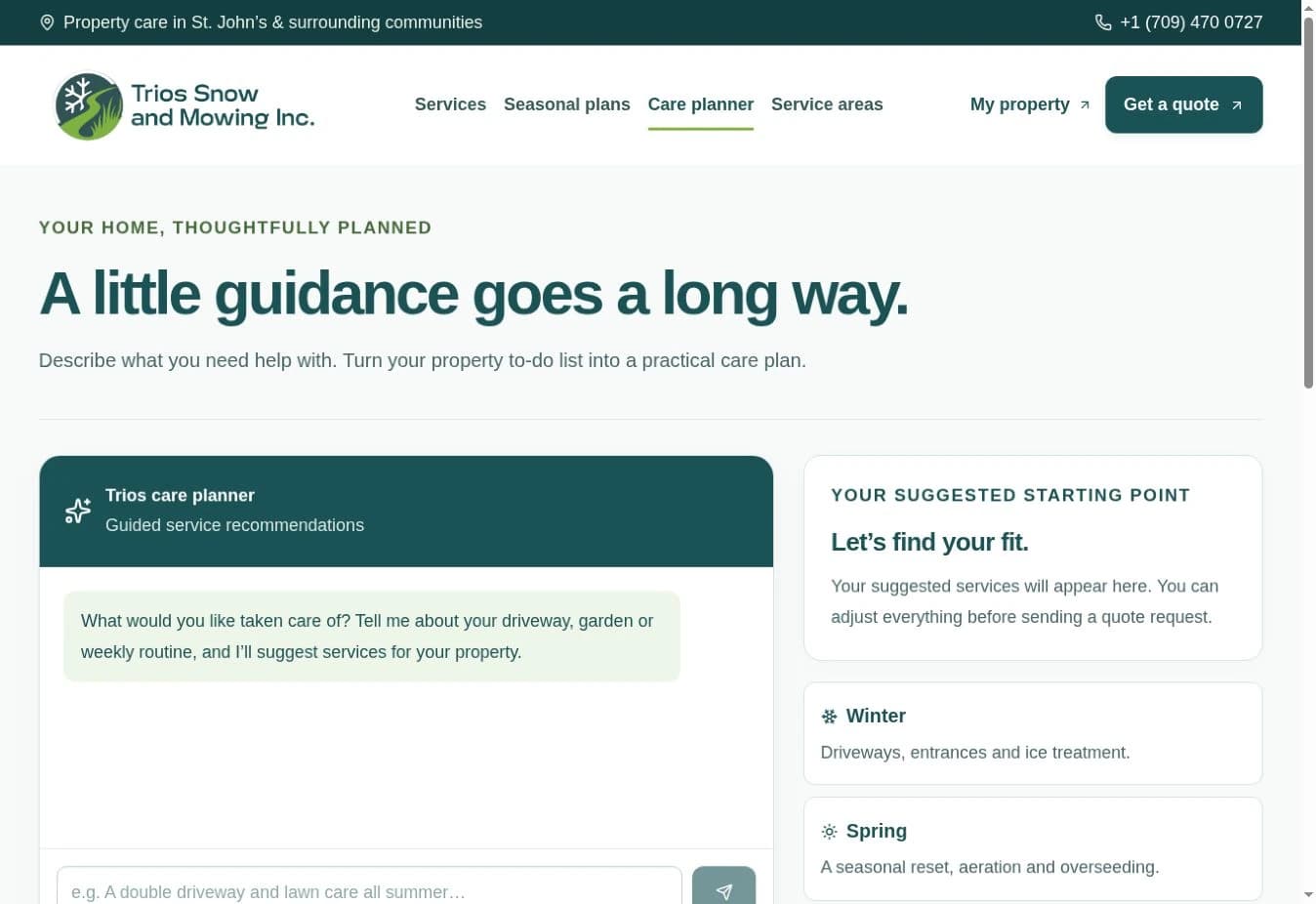 Trios care planner showing a guided property-services form and seasonal service categories