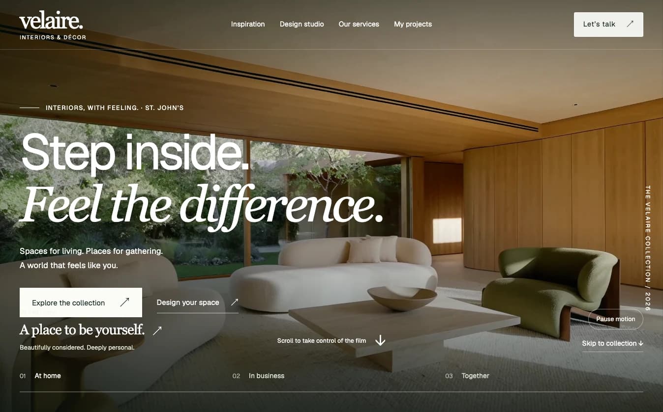 Velaire Interiors homepage showing a contemporary living room and its Step inside, Feel the difference introduction