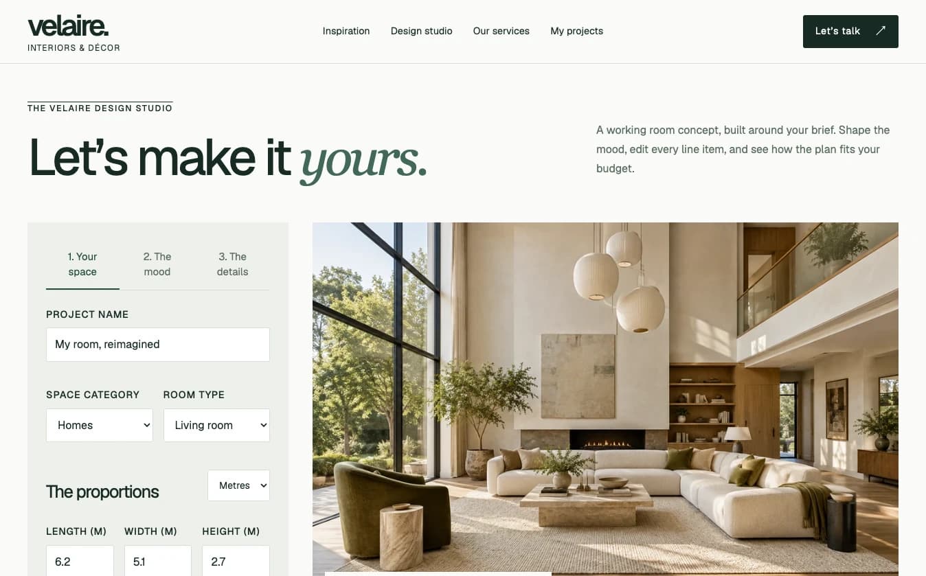 Velaire design studio showing its room brief, dimensions and interior mood reference